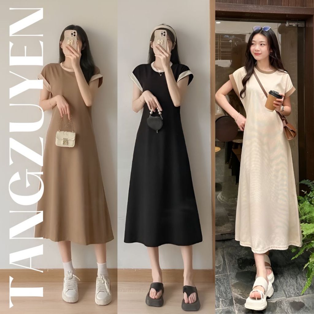 Váy nữ dài dáng chữ A cộc tay không cổ viền màu form rộng vintage Đầm maxi cổ tròn ngắn tay xòe basic bigsize bầu T134G