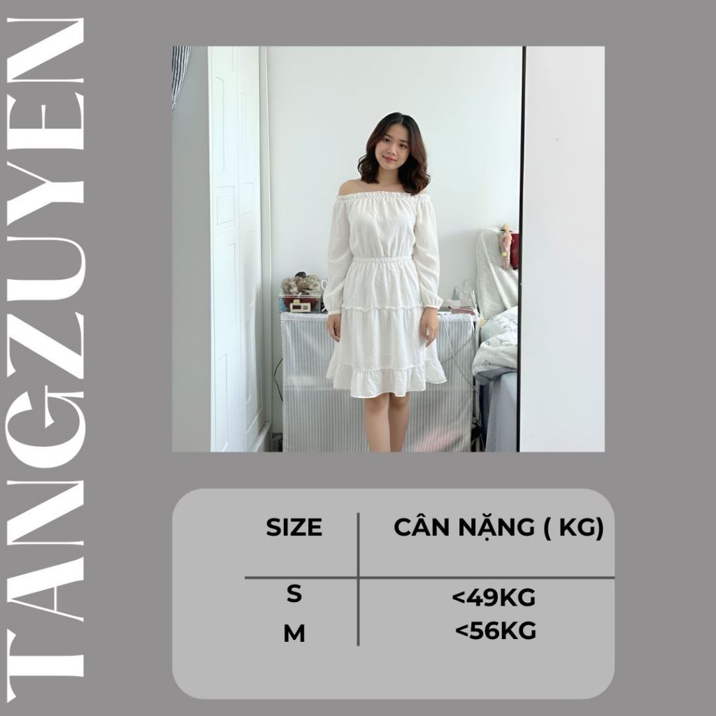 T1469G Váy trắng trễ vai 2 lớp tay bồng trắng dáng xòe bánh bèo công chúa Đầm tiểu thư lolita 2 tầng dự tiệc dễ thương