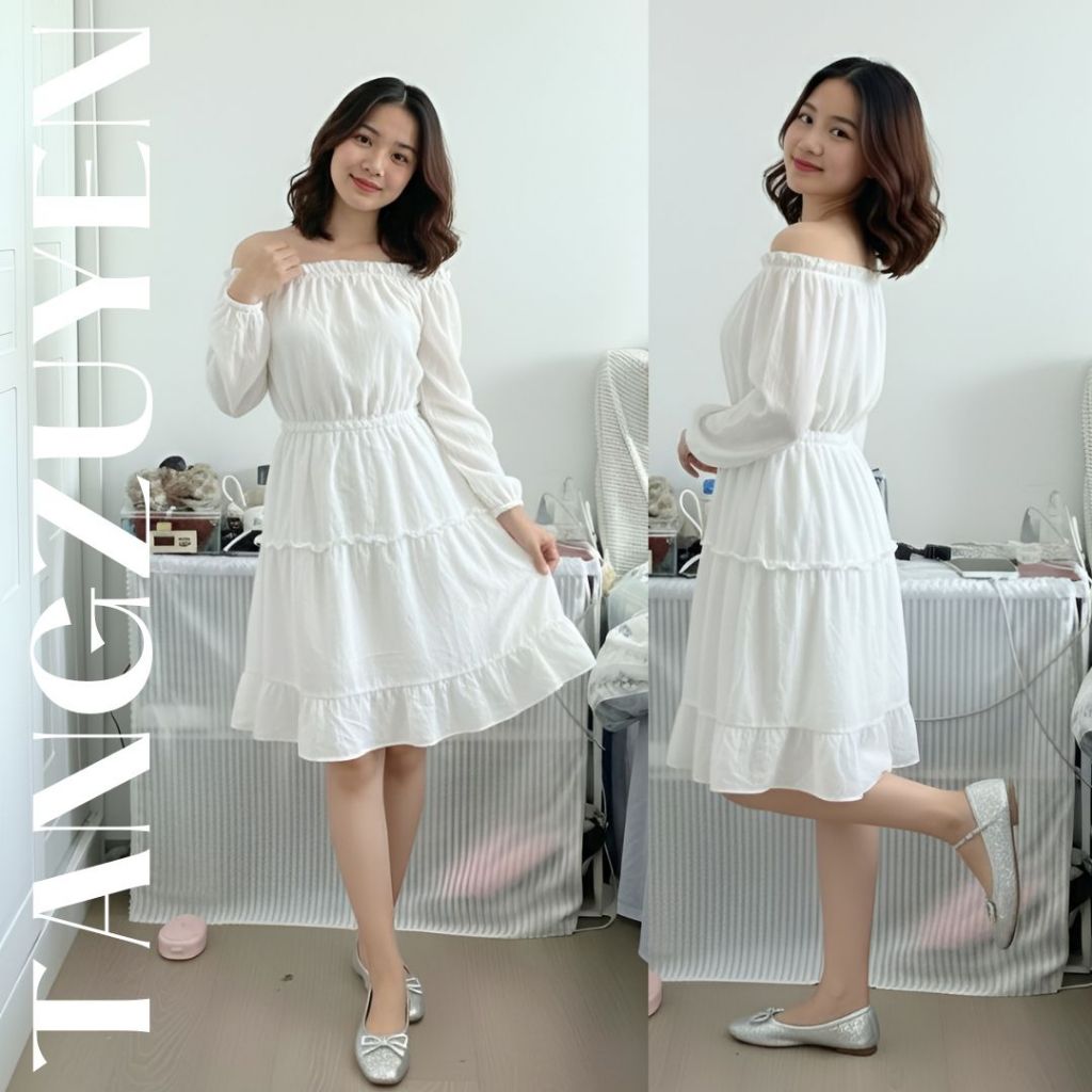 T1469G Váy trắng trễ vai 2 lớp tay bồng trắng dáng xòe bánh bèo công chúa Đầm tiểu thư lolita 2 tầng dự tiệc dễ thương