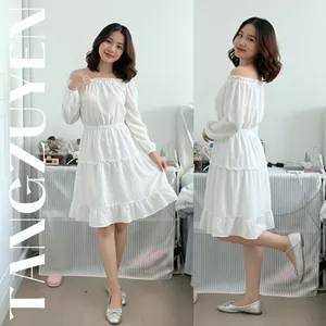 T1469G Váy trắng trễ vai 2 lớp tay bồng trắng dáng xòe bánh bèo công chúa Đầm tiểu thư lolita 2 tầng dự tiệc dễ thương