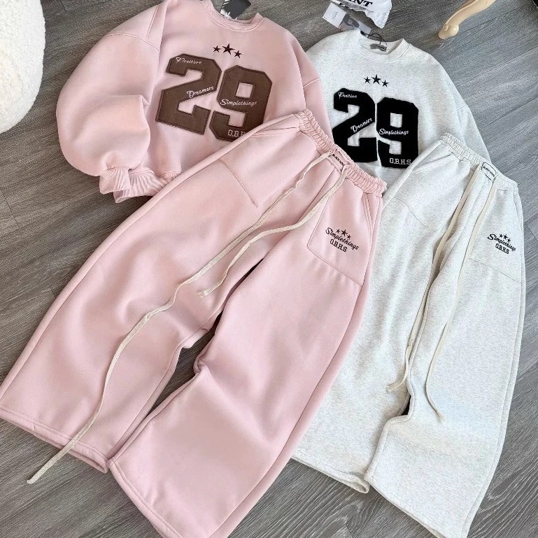 Sét Quần Áo Cổ Tròn Nỉ Dễ Thương Thêu Nổi Số 29 Hottrend Mặc Đi Chơi , Đi Làm Cực Xinh