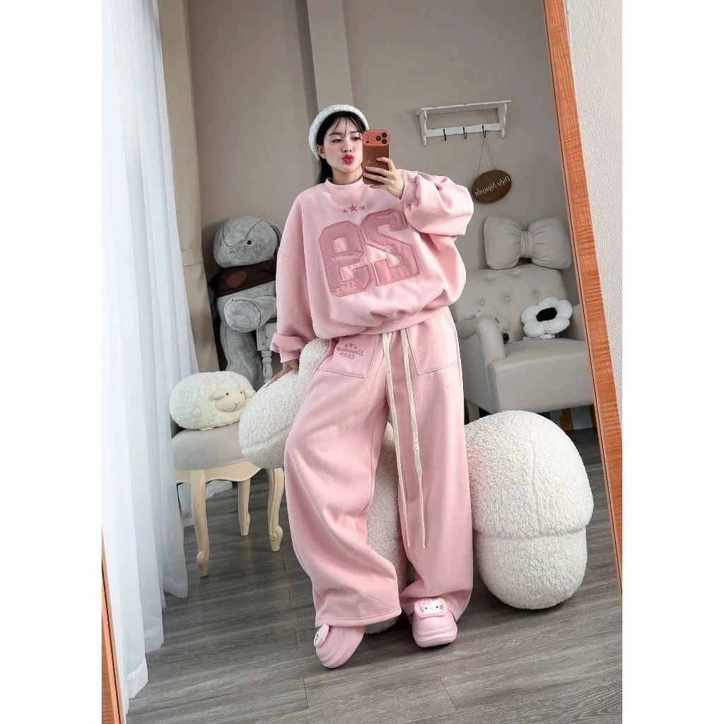 Sét Bộ Nỉ Thu Đông Hottrend Thêu Nổi Số 29 Hai Màu Đen-Hồng Chất Nỉ Tàu Lót Lông Mềm Mịn Siêu Dày Dặn