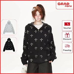 Áo khoác len GRADPOPU chất liệu giả lông chồn mềm mại có mũ trùm đầu họa tiết đan chéo AK383