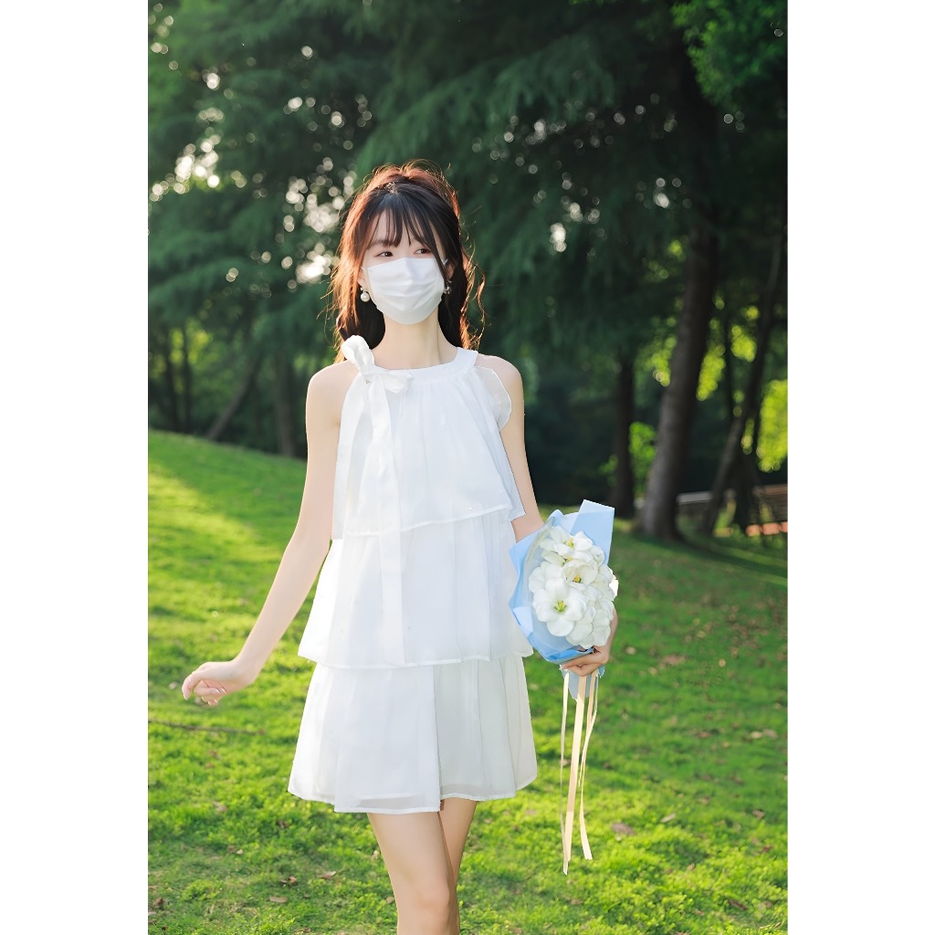 V029 Váy yếm buộc cổ trắng 3 tầng hở vai  Đầm nữ xòe lụa thu hè tiểu thư nữ tính công chúa