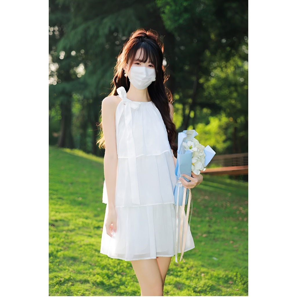 V029 Váy yếm buộc cổ trắng 3 tầng hở vai  Đầm nữ xòe lụa thu hè tiểu thư nữ tính công chúa