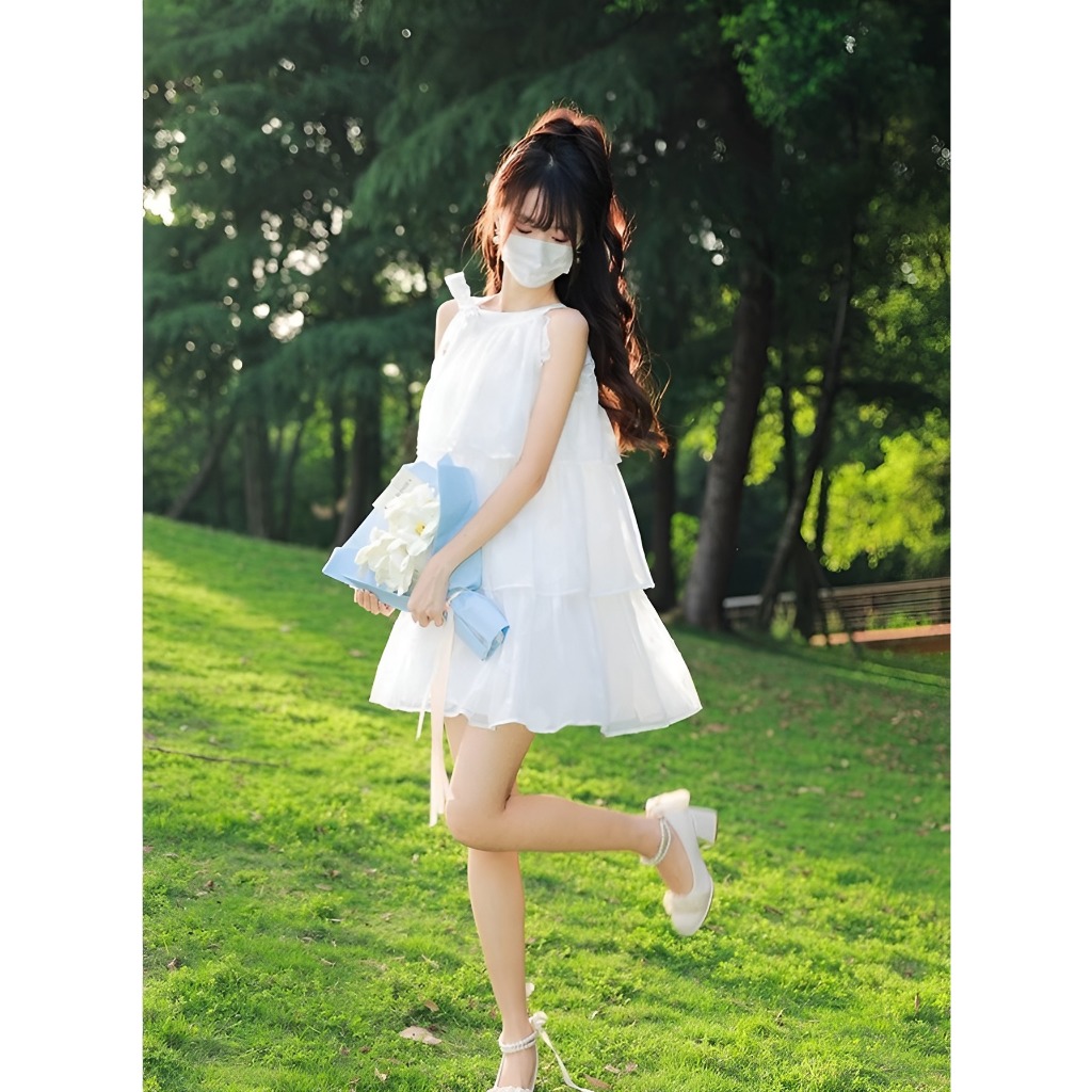 V029 Váy yếm buộc cổ trắng 3 tầng hở vai  Đầm nữ xòe lụa thu hè tiểu thư nữ tính công chúa