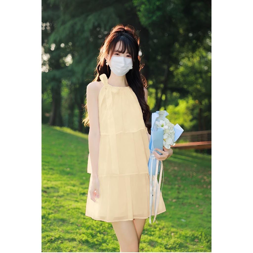 Đầm nữ bánh bèo nàng thơ nhẹ nhàng công chúaVáy tiểu thư cổ yếm buộc dây nơ 3 tầng xòe chất voan 2 lớp dáng ngắn  T1162G