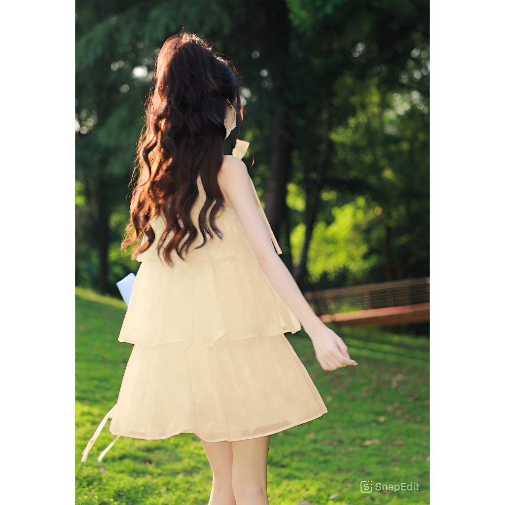 Đầm nữ bánh bèo nàng thơ nhẹ nhàng công chúaVáy tiểu thư cổ yếm buộc dây nơ 3 tầng xòe chất voan 2 lớp dáng ngắn  T1162G
