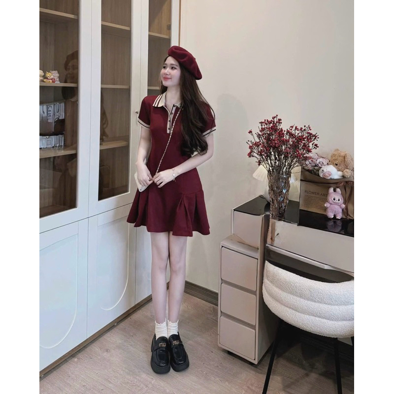 Váy đầm chữ A cổ áo Polo có chiết eo V044 phong cách Hepburn thiết kế nhẹ nhàng ngọt ngào