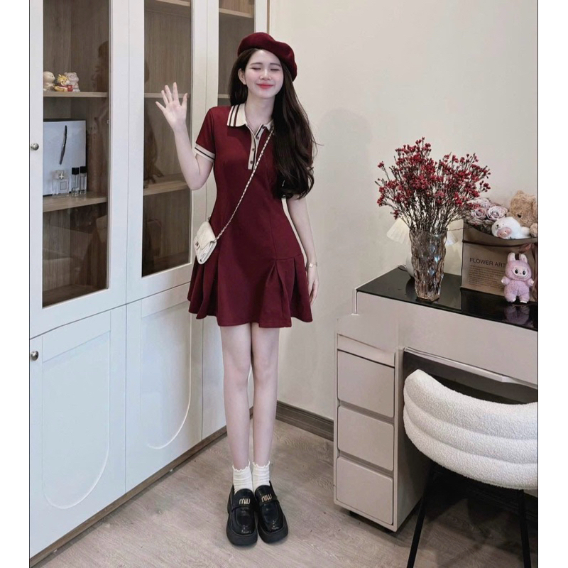 Váy đầm chữ A cổ áo Polo có chiết eo V044 phong cách Hepburn thiết kế nhẹ nhàng ngọt ngào