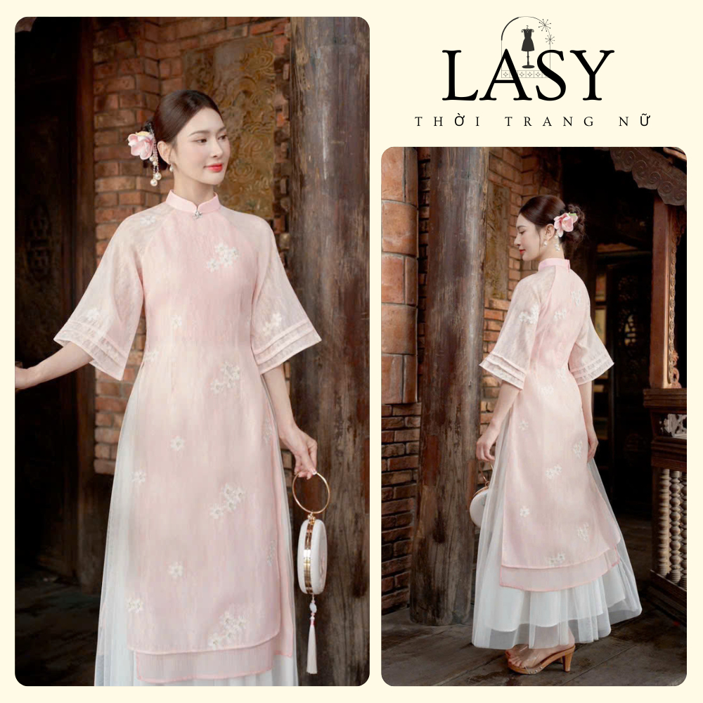 LASY Thời Trang Nữ| Sét Áo Dài Ren Tơ Thêu Hoa Tay Lửng Phối Chân Váy Lưới Xoè - AD1566 (Hoả tốc ib shop)