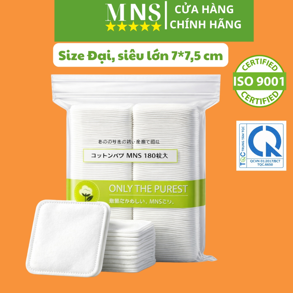 Bông tẩy trang MNS 180 miếng SIZE đại 7x7,5cm Cotton tự nhiên mềm mịn, bông tẩy trang ISO9001:2015