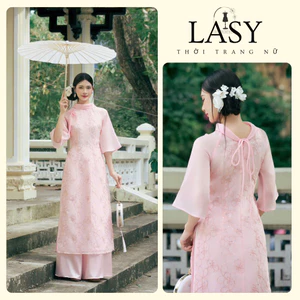 Thời Trang Nữ LASY| Áo Dài Cổ Tròn Gập Đính Nơ Tay Lửng Thêu Hoa Kim Sa Kèm Quần, Kiêu Sa, Tôn Dáng AD1555