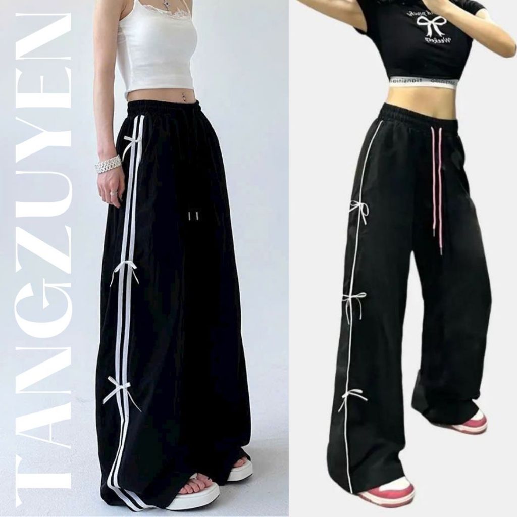 Quần phối ren nơ thêu, ống rộn, có chốt gấu, 2 size Có Túi Pants Women Nữ Nhung T764G