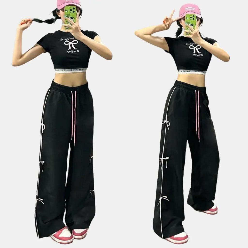 Quần phối ren nơ thêu, ống rộn, có chốt gấu, 2 size Có Túi Pants Women Nữ Nhung T764G