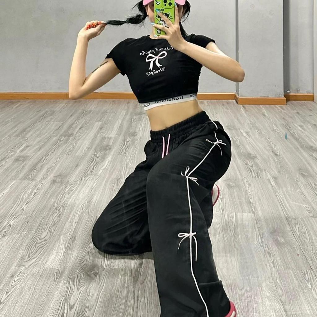 Quần phối ren nơ thêu, ống rộn, có chốt gấu, 2 size Có Túi Pants Women Nữ Nhung T764G