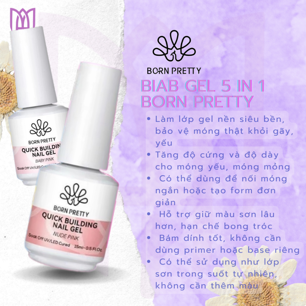 BIAB Gel 5 In 1 Born Pretty 15ml – Nối Móng, Gel Làm Dày Móng, Tạo Độ Cứng, Dễ Shape, Bám Tốt