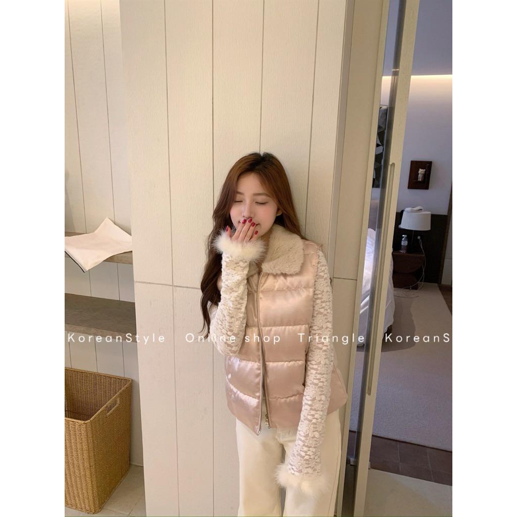 TRIANGLE - Love Gile Jacket (Cân nhắc kỹ, return is not welcomed)- Áo gile cổ phao phối cổ lông phong cách Hàn Quốc
