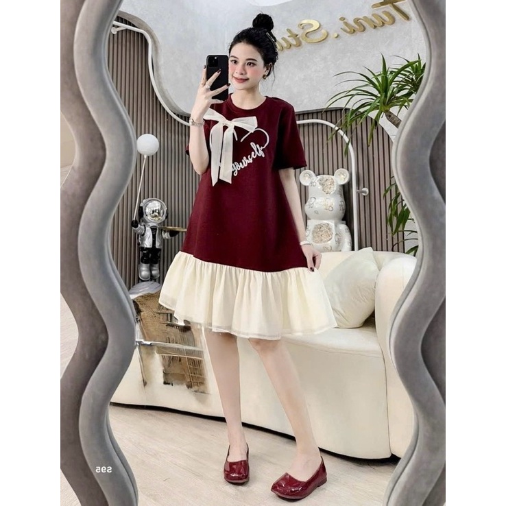 Váy thun suông rộng dáng lỡ Đầm nữ bigsize xinh trẻ  phối chân voan trái tiim đính nơ to cộc tay không cổ đen đỏ T1225G