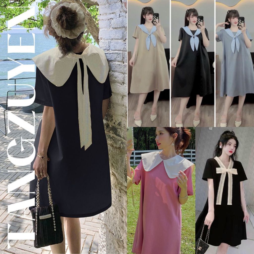 Váy babydoll nơ to cổ V form rộng đen chất lụa  Đầm bầu nữ cộc tay nơ ngực baby nữ sinh đi chơi ulzzang dễ thương T146G