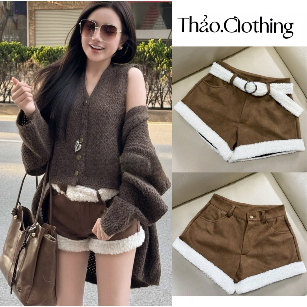 Quần Short Chất Da Lộn Phối Lông Xù Kèm Belt Lông ( Belt Lông Trang Trí )