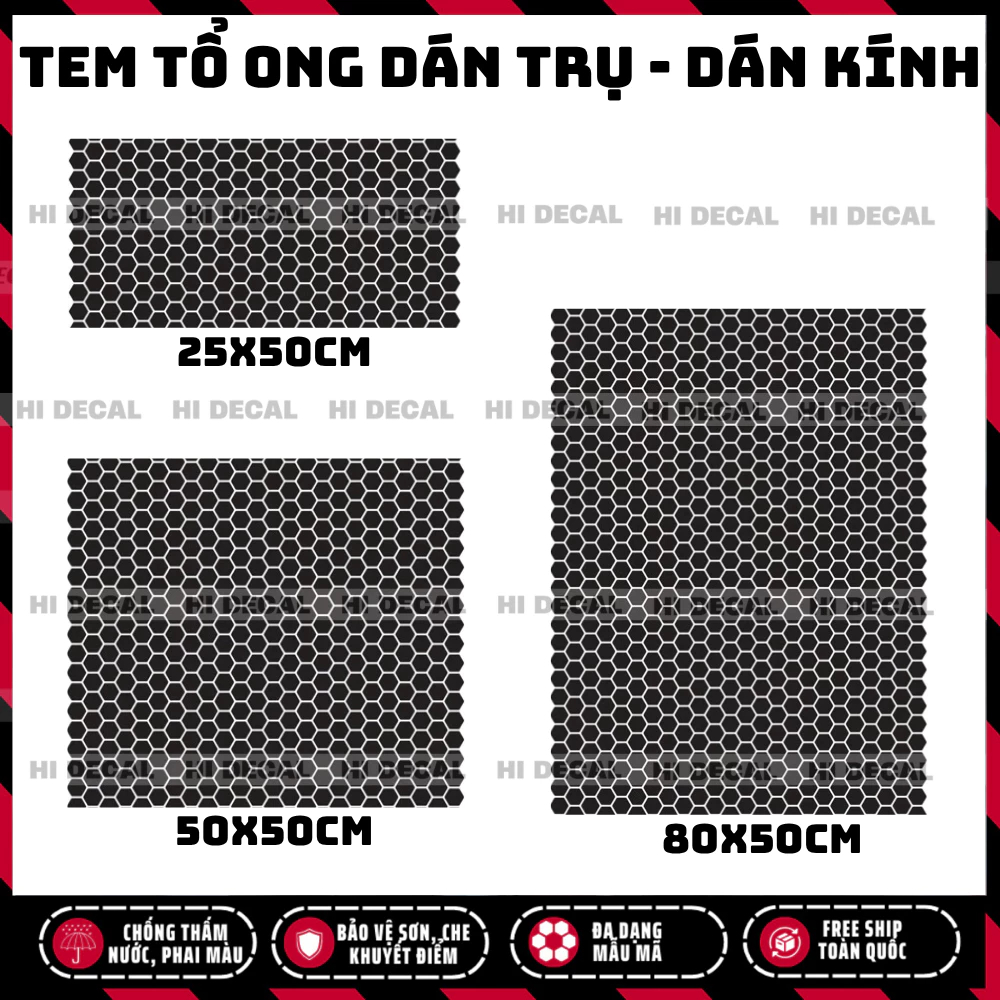 Decal đen mờ/bóng hoạ tiết tổ ong dán trụ bóng/mờ xe hơi,tem tổ ong dán kính ô tô decal dán cột AB, dán kính