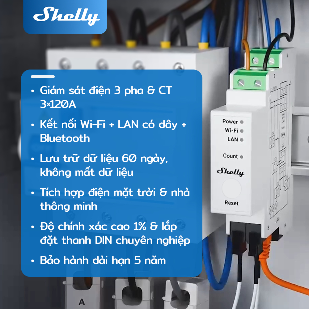 Shelly Pro 3EM 3 pha 220V AC với cảm biến 120A Giám sát độ chính xác cao Tiết kiệm năng lượng lên đến 30%