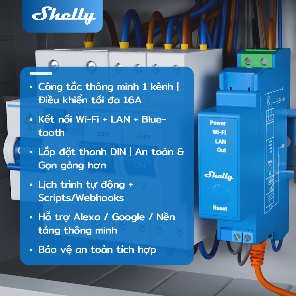 Shelly Pro 1 Công Tắc Thông Minh 1 Kênh DIN-Rail 16A Wi-Fi / LAN / Bluetooth Điều Khiển Đèn / Máy / Máy Bơm