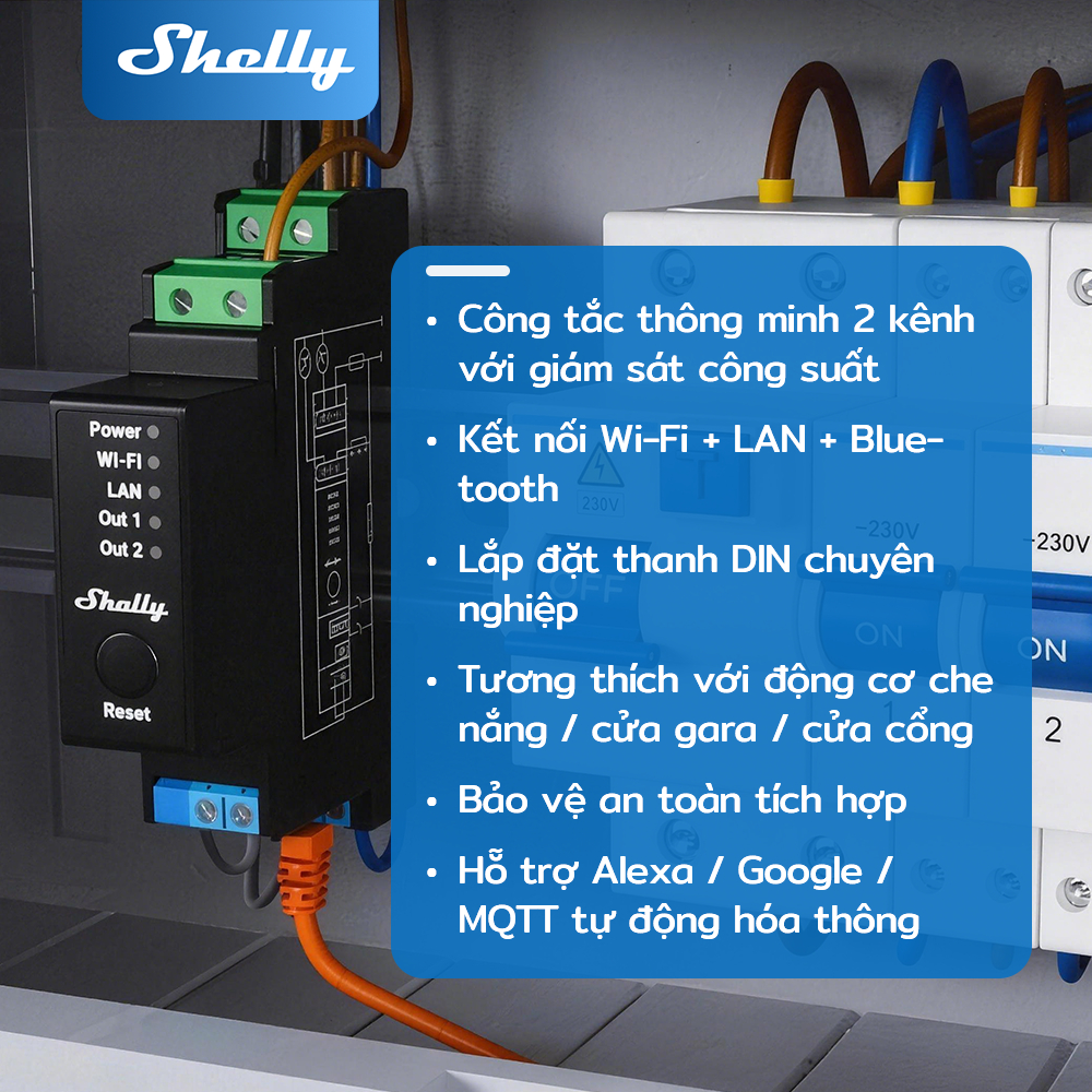 Shelly Pro 2PM 2 Kênh Smart Relay + Đo Điện Tử Wi-Fi / LAN / Bluetooth, Điều Khiển Đèn / Rèm / Cửa