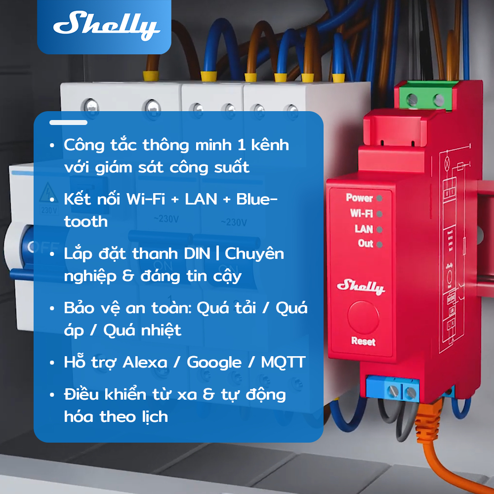 Shelly Pro 1PM – Smart Relay 16A  110-240VAC+ Power Meter | Điều khiển từ xa qua WiFi/LAN