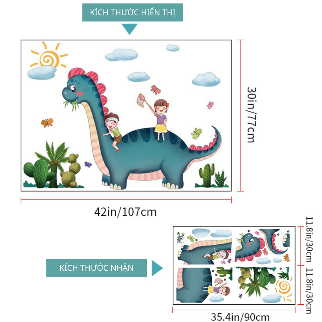 Decal Dán Tường Bé Và Khủng Long Có Keo Sẵn 107x77cm - Trang Trí Phòng Ngủ Cho Bé
