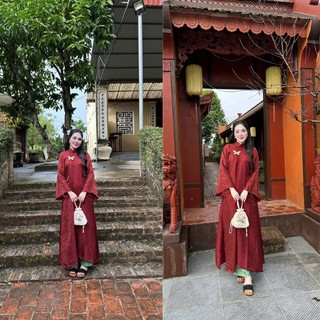 MIMI CLOTHING - Áo dài đỏ nhẹ nhàng phối quần lụa xanh