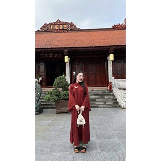 MIMI CLOTHING - Áo dài đỏ nhẹ nhàng phối quần lụa xanh
