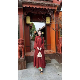 MIMI CLOTHING - Áo dài đỏ nhẹ nhàng phối quần lụa xanh