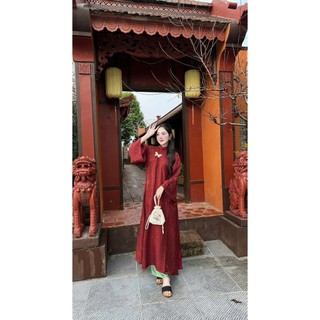 MIMI CLOTHING - Áo dài đỏ nhẹ nhàng phối quần lụa xanh