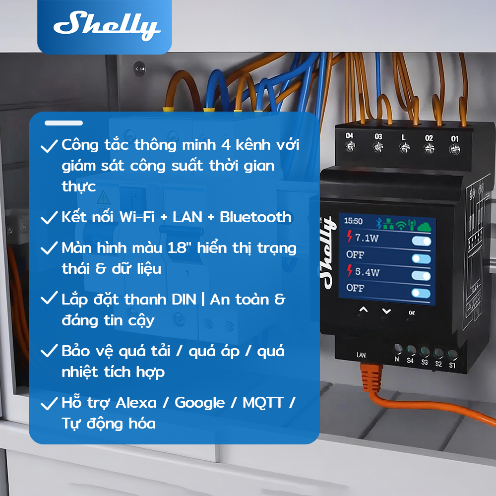Shelly Pro 4PM Công tắc chuyển tiếp Wifi LAN 4 kênh thích hợp cho nhà tự động hóa với chức năng đo năng lượng từ xa