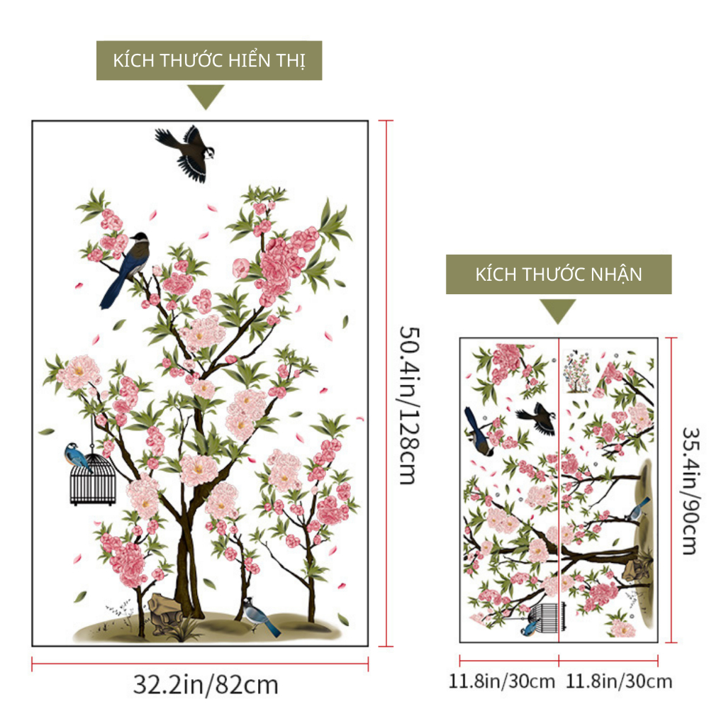 Decal Dán Tường Hoa Đào Và Chim Én Có Keo Sẵn 82x128cm - Trang Trí Phòng Khách, Phòng Ngủ Vintage