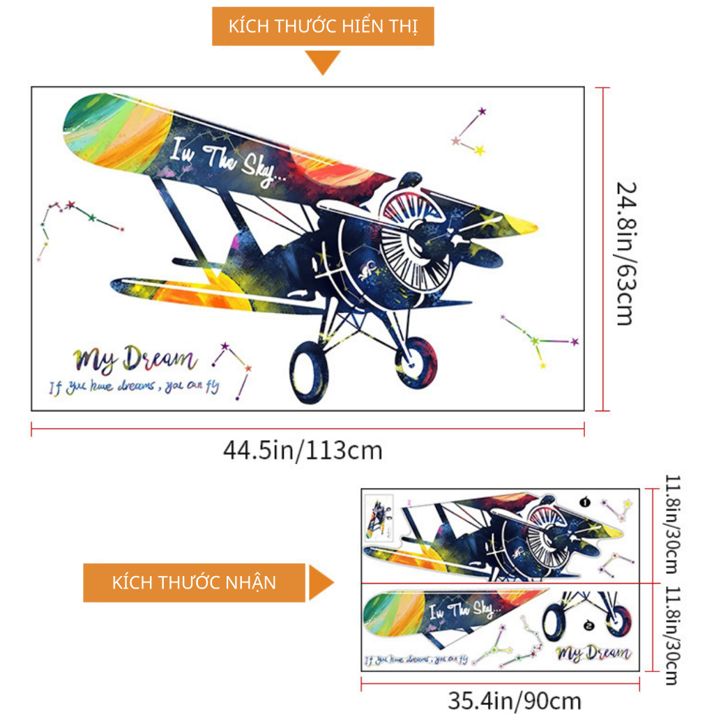 Decal Dán Tường Máy Bay Fly In The Sky Có Keo Sẵn 113x63cm - Trang Trí Phòng Khách Phòng Ngủ