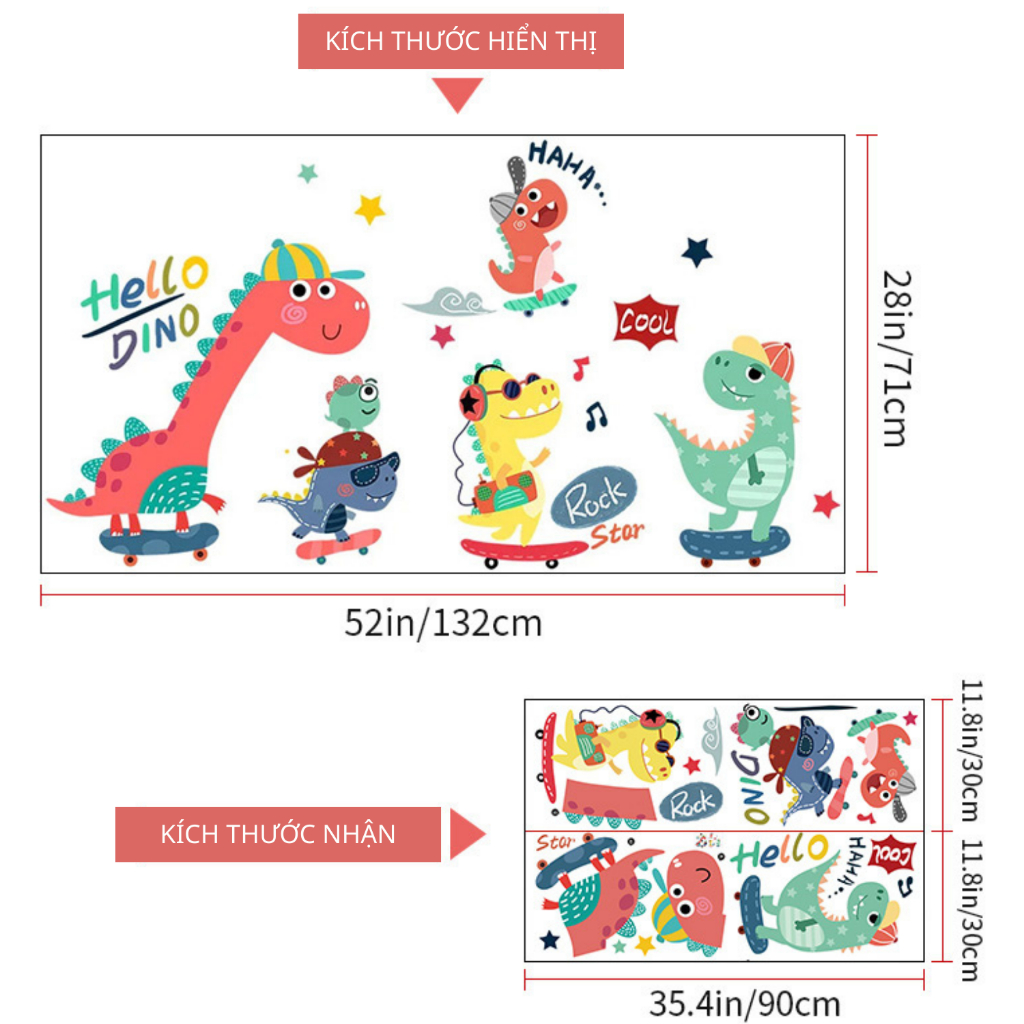 Decal Dán Tường Khủng Long Trượt Ván Có Keo Sẵn 132x71cm - Trang Trí Phòng Ngủ Góc Giải Trí Cho Bé