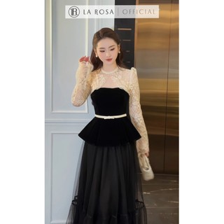 Set Đầm Dáng Dài Tiểu Thư La Rosa Áo Dài Tay Dáng Xòe Phối Đai Eo Nổi Bật Mix Chân Váy Xếp Li Xòe Nhẹ Tôn Dáng S1039