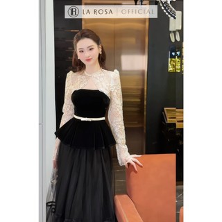 Set Đầm Dáng Dài Tiểu Thư La Rosa Áo Dài Tay Dáng Xòe Phối Đai Eo Nổi Bật Mix Chân Váy Xếp Li Xòe Nhẹ Tôn Dáng S1039