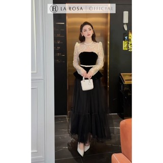 Set Đầm Dáng Dài Tiểu Thư La Rosa Áo Dài Tay Dáng Xòe Phối Đai Eo Nổi Bật Mix Chân Váy Xếp Li Xòe Nhẹ Tôn Dáng S1039
