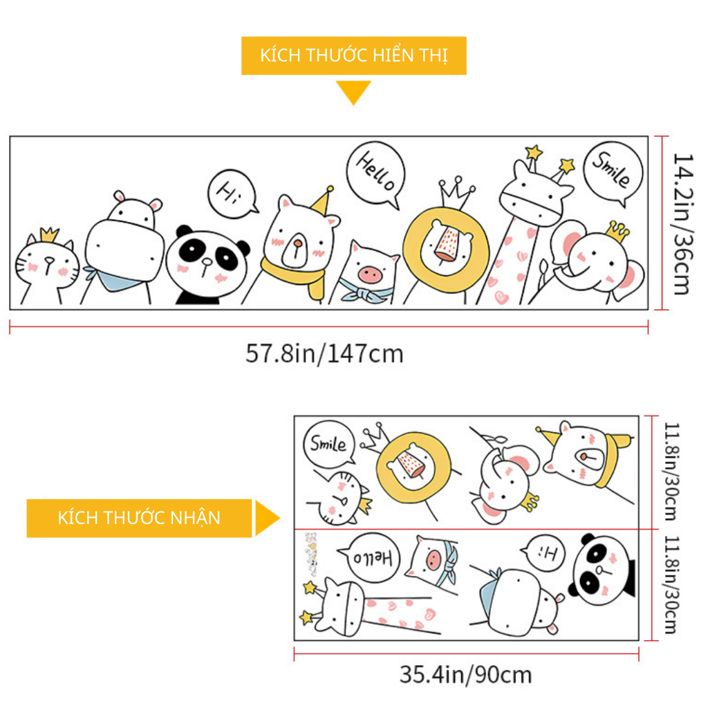 Decal Dán Tường Trẻ Em Thú Cưng Hoạt Hình Có Keo Sẵn 147x36cm - Trang Trí Phòng Ngủ Kệ Tủ Cầu Thang