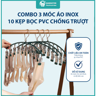Combo 3 móc inox 10 kẹp đa năng phơi đồ người lớn trẻ em kẹp chắc chống trượt gọn gàng