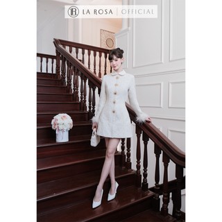 Đầm Thiết Kế Dáng Chữ A Tiểu Thư La Rosa Đầm Cổ Sen, Dài Tay Phối Lông Sang Cảnh, Đính Cúc Nổi Bật V1442