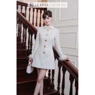 Đầm Thiết Kế Dáng Chữ A Tiểu Thư La Rosa Đầm Cổ Sen, Dài Tay Phối Lông Sang Cảnh, Đính Cúc Nổi Bật V1442