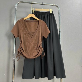 Set Áo Váy Bigsize Nữ Áo Thun Kiểu Dây Rút Eo Tôn Dáng Mix Chân Váy Midi Dáng Dài A309+CV15/CV414