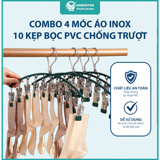 Combo 4 móc inox 10 kẹp thiết kế thông minh phơi tất vớ quần áo khô nhanh gọn nhẹ dễ sử dụng