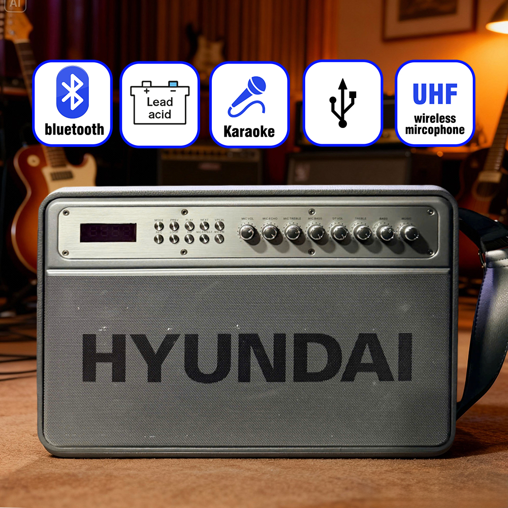 Loa HYUNDAI Loa Karaoke Xách Tay HD0305, Công Suất Lớn 250W Đèn Led RGB Kèm 2 Micro AUX TP Card USB