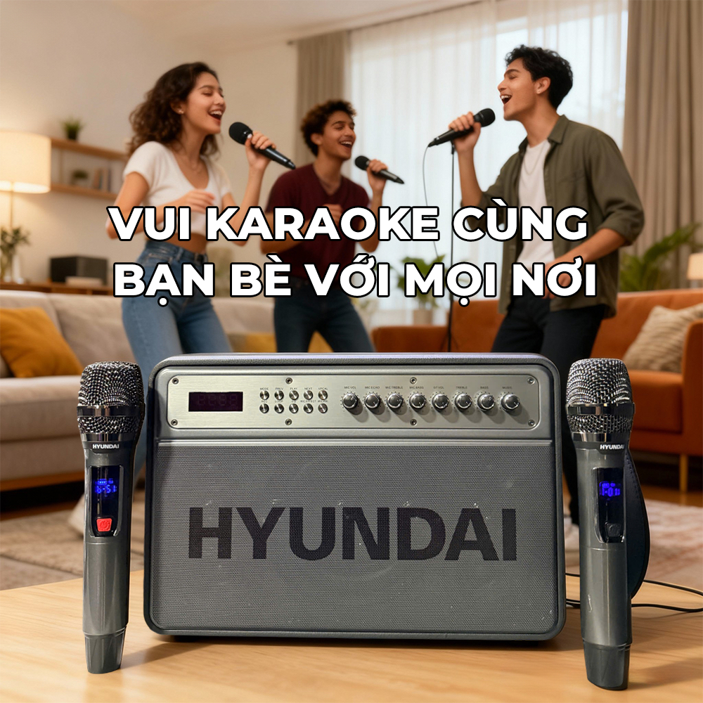 Loa HYUNDAI Loa Karaoke Xách Tay HD0305, Công Suất Lớn 250W Đèn Led RGB Kèm 2 Micro AUX TP Card USB